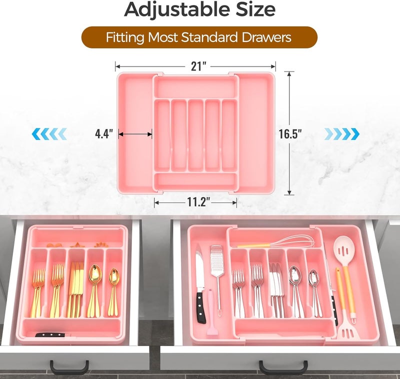 ukeetap Extra Large Expandable Silverware Organizer, BPA-Free Food-Safe Cutlery Flatware Organizer, Kitchen Utensil Drawer Organizer, Adjustable Silverware Holder for Spoons Forks Knives, Pink - Image 3